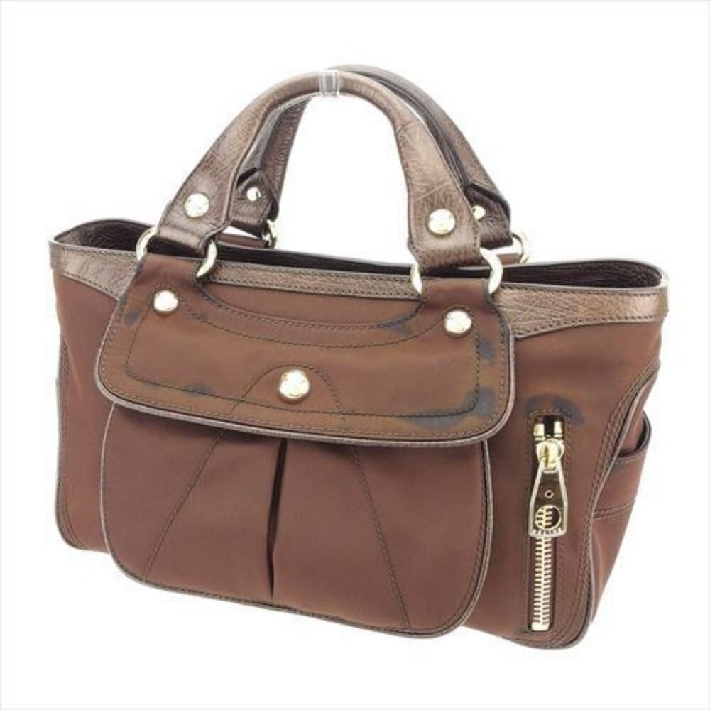Celine Bag Handbag Brown Nylon Leather Woman Authentic Used